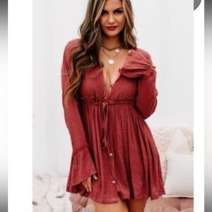 NanaMacs Long Sleeve Drawstring Waist Mini Dress in Rust